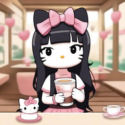 A cute Hello Kitty character with long black hair and a distinctive blonde streak in the front, holding a plushy in a cozy café setting