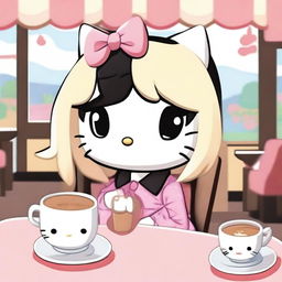 A cute Hello Kitty character with long black hair and a distinctive blonde streak in the front, holding a plushy in a cozy café setting