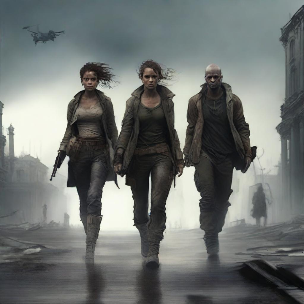 A post-apocalyptic scene featuring a strong woman and three men