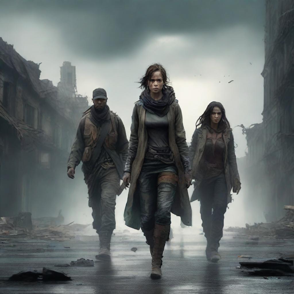 A post-apocalyptic scene featuring a strong woman and three men