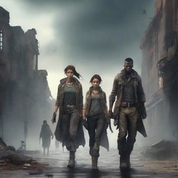 A post-apocalyptic scene featuring a strong woman and three men