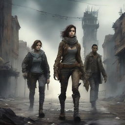 A post-apocalyptic scene featuring a strong woman and three men