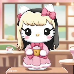 A cute Hello Kitty character with long black hair and a distinctive blonde streak in the front, holding a plushy in a cozy café setting