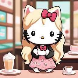 A cute Hello Kitty character with long black hair and a distinctive blonde streak in the front, holding a plushy in a cozy café setting