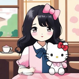 A cute Hello Kitty character with long black hair and a distinctive blonde streak in the front, holding a plushy in a cozy café setting