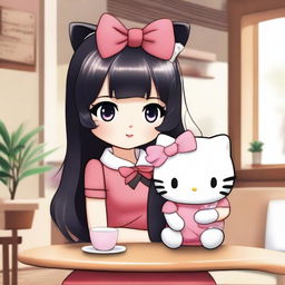 A cute Hello Kitty character with long black hair and a distinctive blonde streak in the front, holding a plushy in a cozy café setting