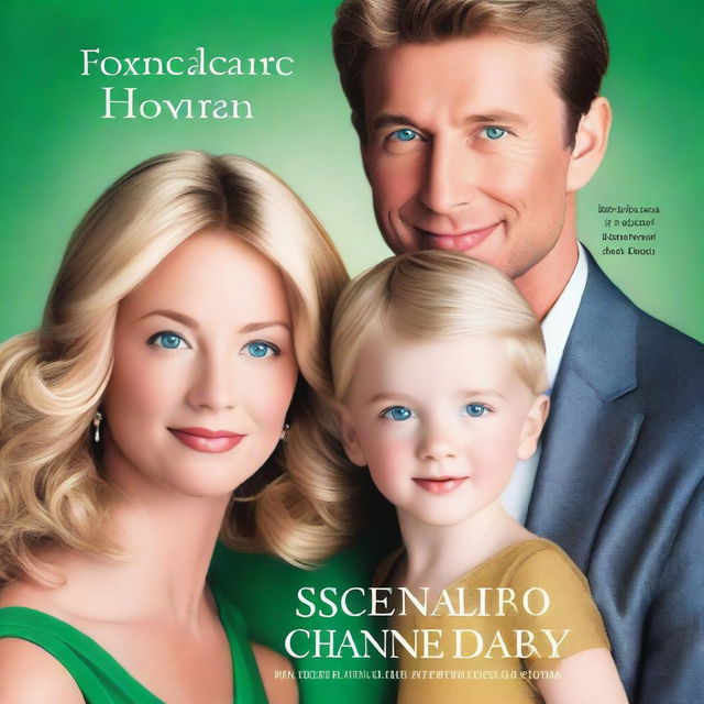 A stunning book cover featuring a beautiful blonde girl with emerald green eyes in a golden dress, a handsome man with stormy gray eyes and dusty brown hair, and a five-year-old boy in the middle, their son, who is a combination of both parents