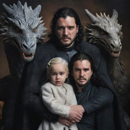 A realistic portrait of Jon Snow and Daenerys Targaryen with their daughter, surrounded by three dragons