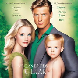 A stunning book cover featuring a beautiful blonde girl with emerald green eyes in a golden dress, a handsome man with stormy gray eyes and dusty brown hair, and a five-year-old boy in the middle, their son, who is a combination of both parents