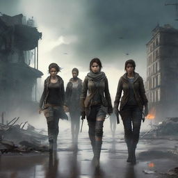 A post-apocalyptic scene featuring a strong woman and three men