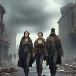 A post-apocalyptic scene featuring a strong woman and three men