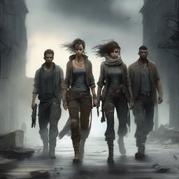 A post-apocalyptic scene featuring a strong woman and three men