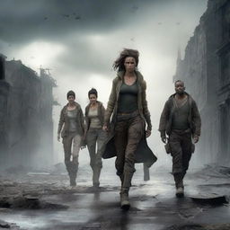 A post-apocalyptic scene featuring a strong woman and three men