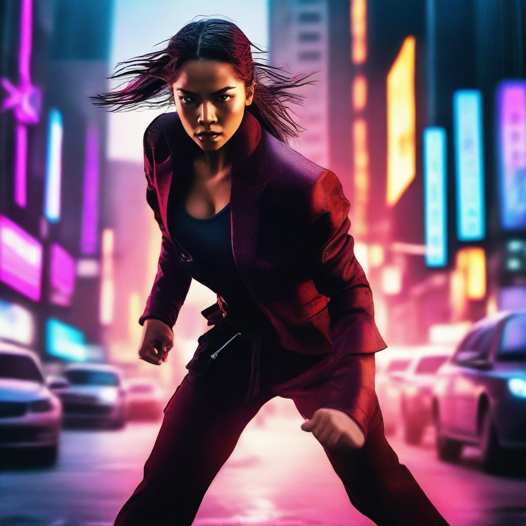 A dynamic action movie scene featuring a strong and determined woman