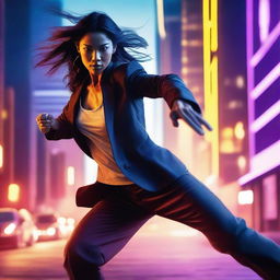 A dynamic action movie scene featuring a strong and determined woman