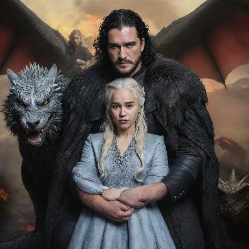 A realistic portrait of Jon Snow and Daenerys Targaryen with their daughter, surrounded by three dragons