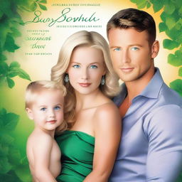 A stunning book cover featuring a beautiful blonde girl with emerald green eyes in a golden dress, a handsome man with stormy gray eyes and dusty brown hair, and a five-year-old boy in the middle, their son, who is a combination of both parents