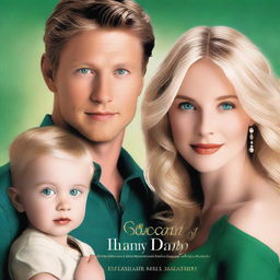 A stunning book cover featuring a beautiful blonde girl with emerald green eyes in a golden dress, a handsome man with stormy gray eyes and dusty brown hair, and a five-year-old boy in the middle, their son, who is a combination of both parents