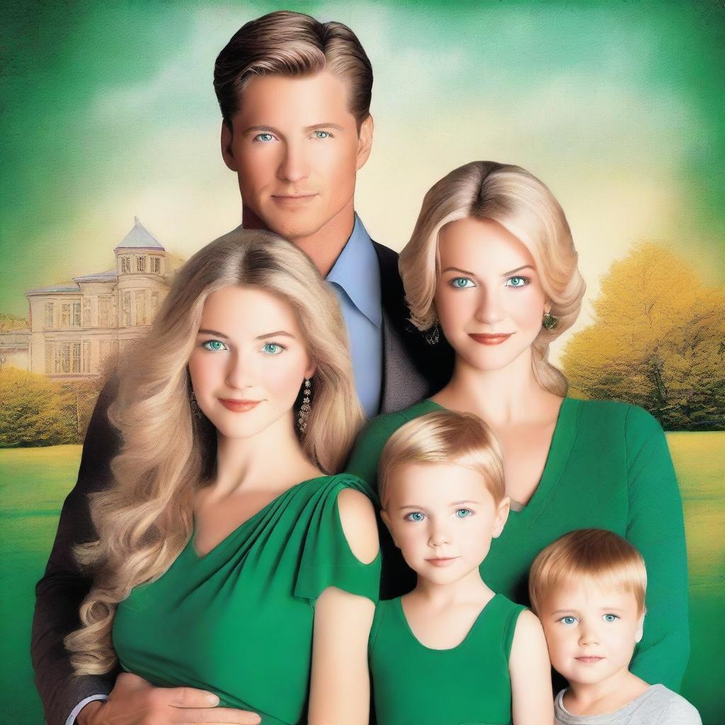 A stunning book cover featuring a beautiful blonde girl with emerald green eyes in a golden dress, a handsome man with stormy gray eyes and dusty brown hair, and a five-year-old boy in the middle, their son, who is a combination of both parents