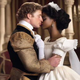 A white man with royal attire and short curly hair kissing a black woman with curly hair dressed in a maid's outfit