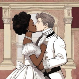 A white man with royal attire and short curly hair kissing a black woman with curly hair dressed in a maid's outfit