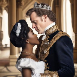 A white man with royal attire and short curly hair kissing a black woman with curly hair dressed in a maid's outfit