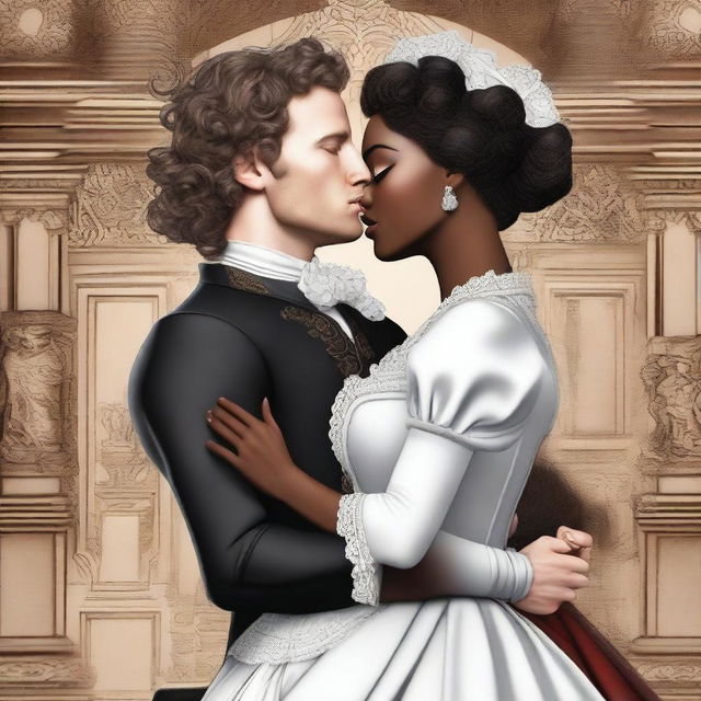 A white man with royal attire and short curly hair kissing a black woman with curly hair dressed in a maid's outfit