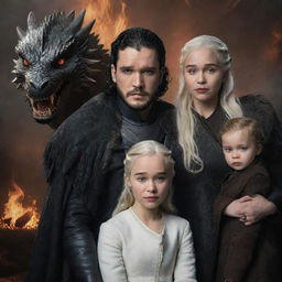 A realistic portrait of Jon Snow and Daenerys Targaryen with their daughter, surrounded by three dragons