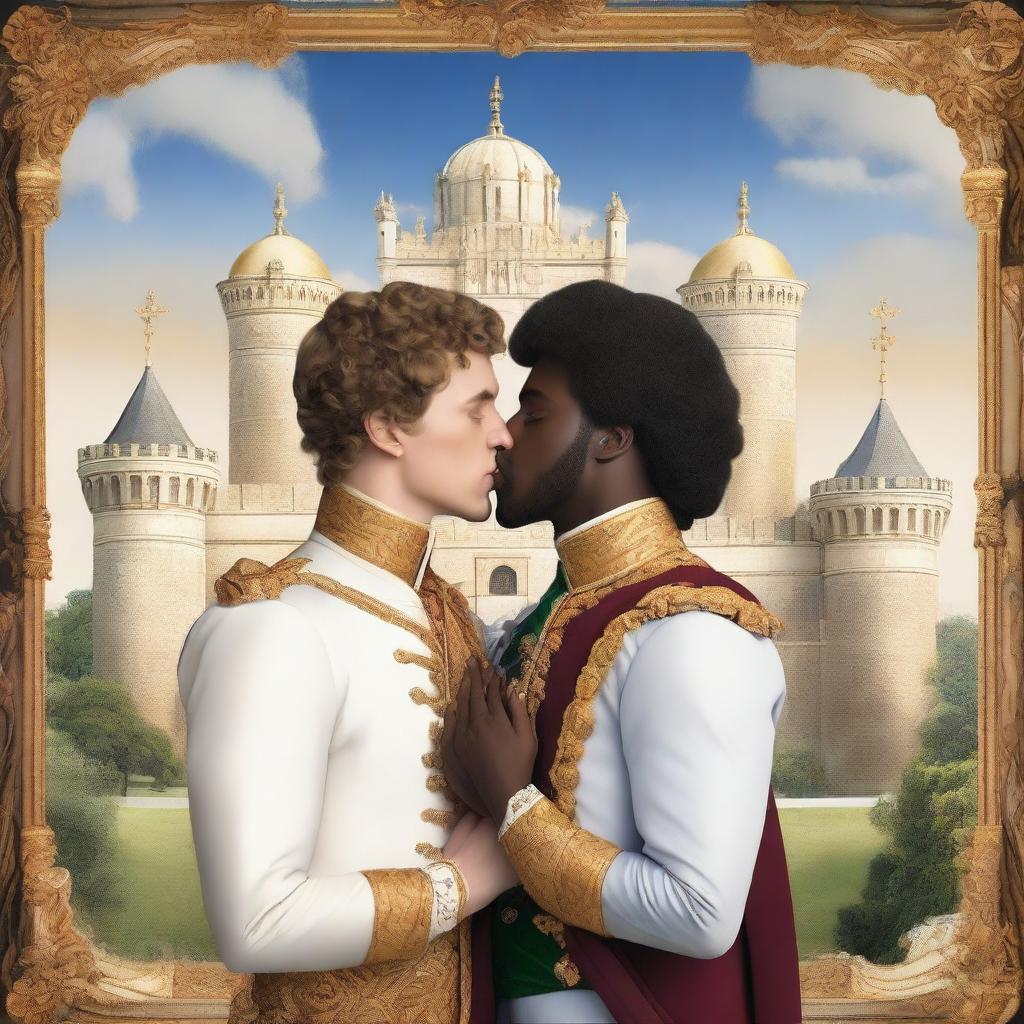 A young white man with curly short hair in royal attire kissing a black man with curly hair in royal attire