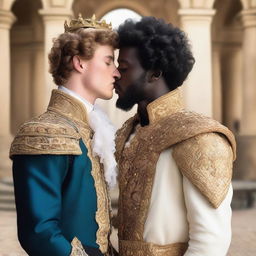 A young white man with curly short hair in royal attire kissing a black man with curly hair in royal attire