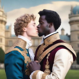 A young white man with curly short hair in royal attire kissing a black man with curly hair in royal attire