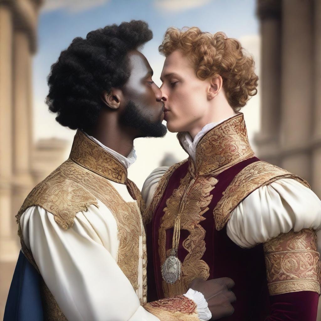 A young white man with curly short hair in royal attire kissing a black man with curly hair in royal attire