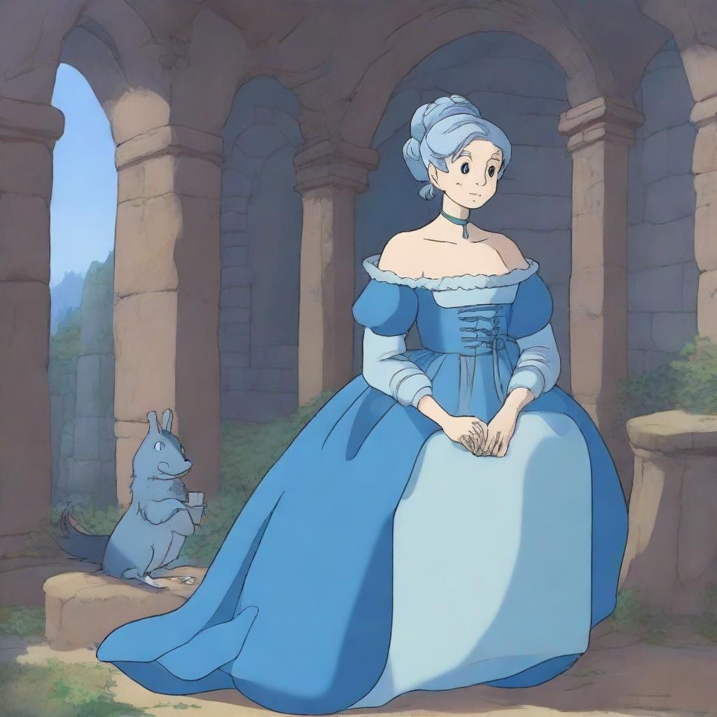 Create an image in the style of Studio Ghibli featuring an older matriarch who is half-human and half-elf