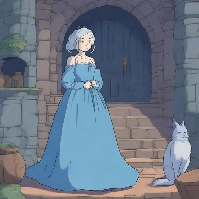 Create an image in the style of Studio Ghibli featuring an older matriarch who is half-human and half-elf