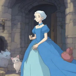 Create an image in the style of Studio Ghibli featuring an older matriarch who is half-human and half-elf