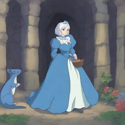 Create an image in the style of Studio Ghibli featuring an older matriarch who is half-human and half-elf