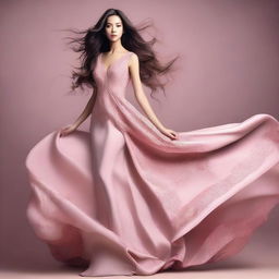 A beautiful woman with long, flowing hair wearing a stunning pink dress