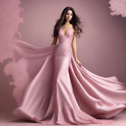 A beautiful woman with long, flowing hair wearing a stunning pink dress