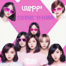 Create a photorealistic image featuring the logo for the electropop mix 'come thru' by hype:gen, including the names Isabelle, Jihye, Vanessa, Grace, and Hanni