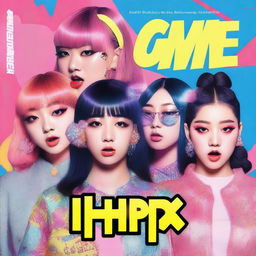 Create a hyper photorealistic album cover art for the electropop mix 'come thru' by hype:gen, featuring the names Isabelle, Jihye, Vanessa, Grace, and Hanni