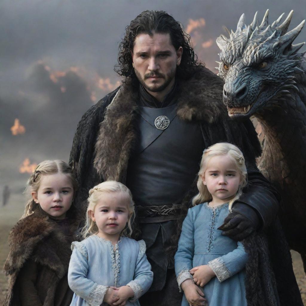 A realistic depiction of Jon Snow and Daenerys Targaryen with their two daughters, along with three baby dragons