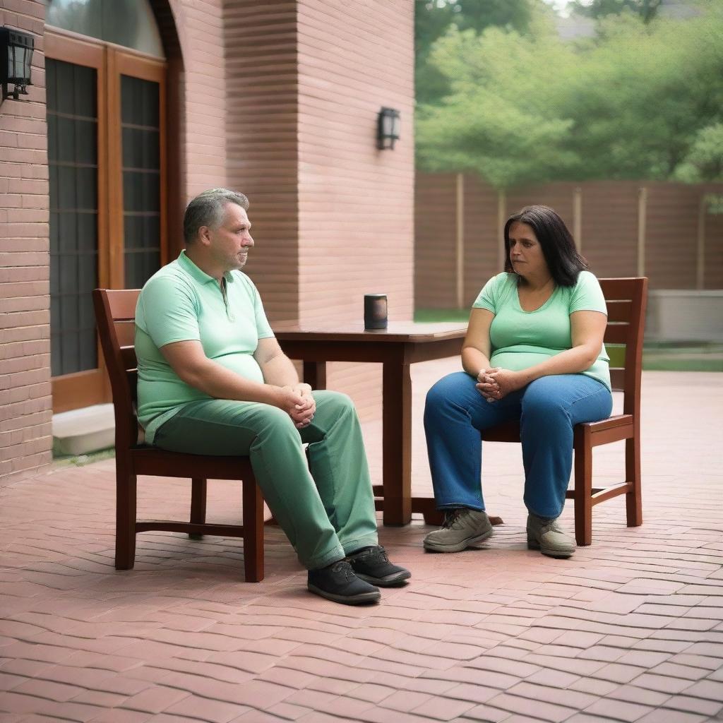 A couple in their 40s, both with dark hair, sitting in dark wooden chairs with light green cushions around a dark wooden table on a large brick patio