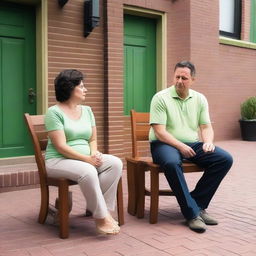 A couple in their 40s, both with dark hair, sitting in dark wooden chairs with light green cushions around a dark wooden table on a large brick patio