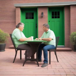 A couple in their 40s, both with dark hair, sitting in dark wooden chairs with light green cushions around a dark wooden table on a large brick patio