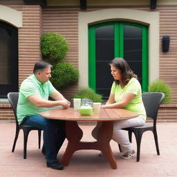 A couple in their 40s, both with dark hair, sitting in dark wooden chairs with light green cushions around a dark wooden table on a large brick patio