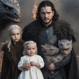 A realistic depiction of Jon Snow and Daenerys Targaryen with their two daughters, along with three baby dragons