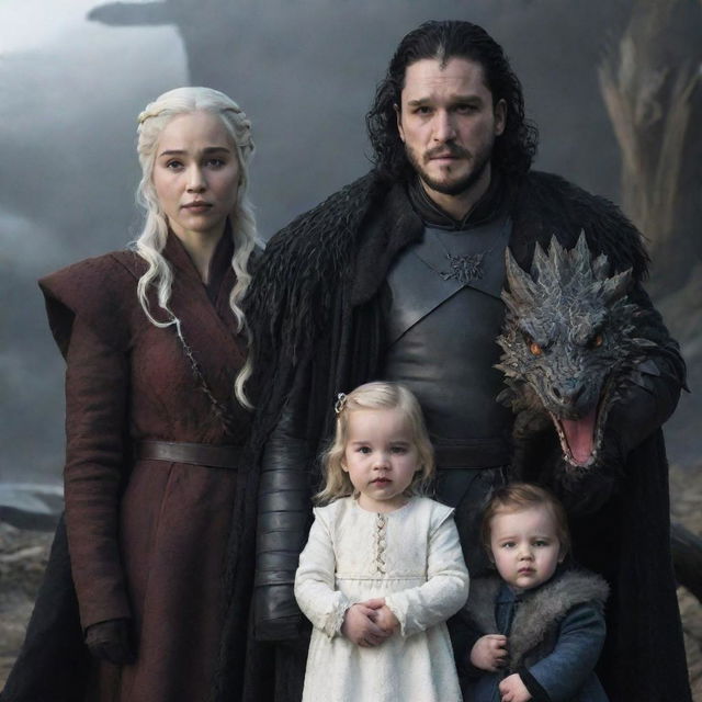 A realistic depiction of Jon Snow and Daenerys Targaryen with their two daughters, along with three baby dragons