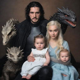 A realistic depiction of Jon Snow and Daenerys Targaryen with their two daughters, along with three baby dragons