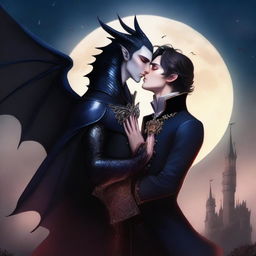 A vampire prince in elegant gothic attire kissing a dragon prince who has shimmering scales and majestic wings