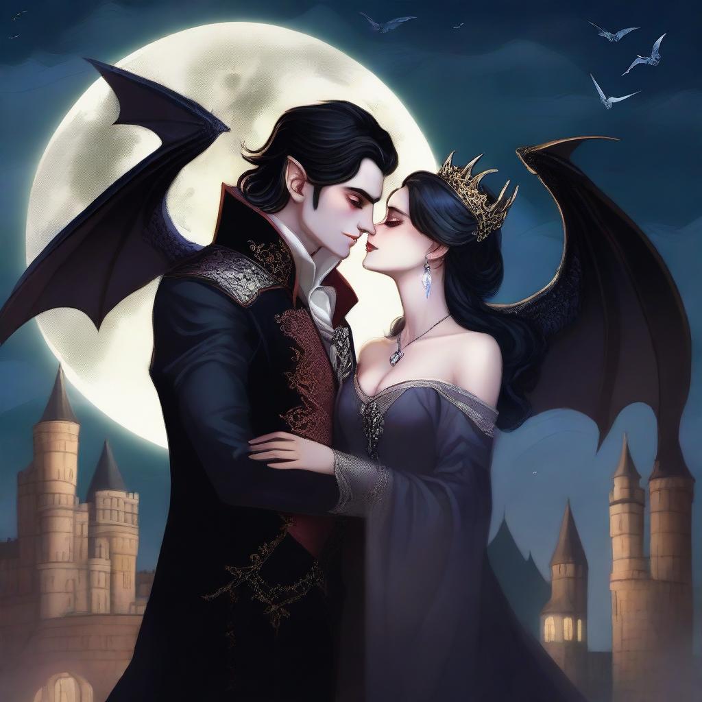 A vampire prince in elegant gothic attire kissing a dragon prince who has shimmering scales and majestic wings